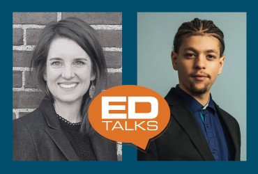 Image of both speakers side by side with the orange EDTalks logo in the center